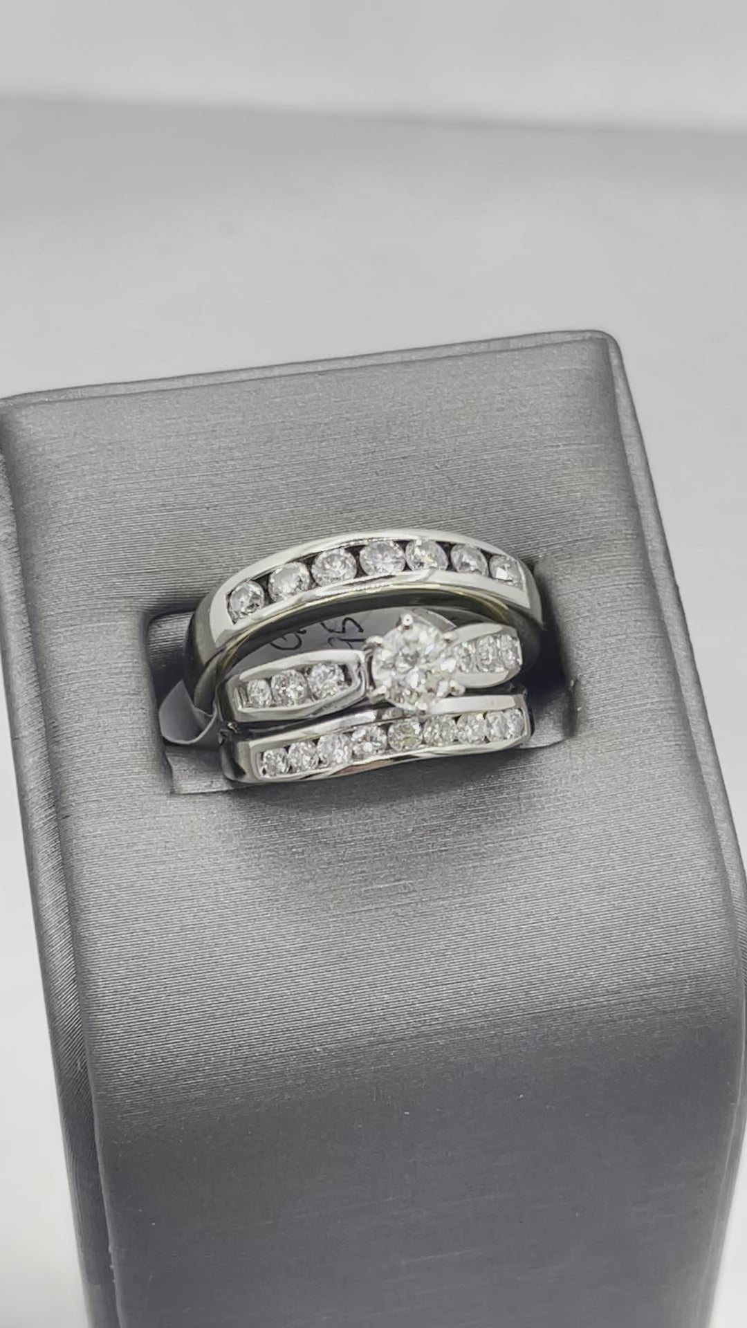 movie of 14 Karat White Gold Diamond Wedding Set Engagement Ring Matching Diamond Bands