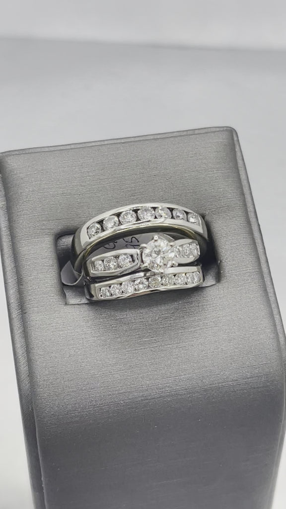 movie of 14 Karat White Gold Diamond Wedding Set Engagement Ring Matching Diamond Bands