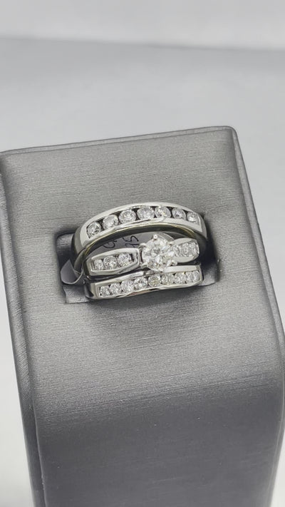 movie of 14 Karat White Gold Diamond Wedding Set Engagement Ring Matching Diamond Bands