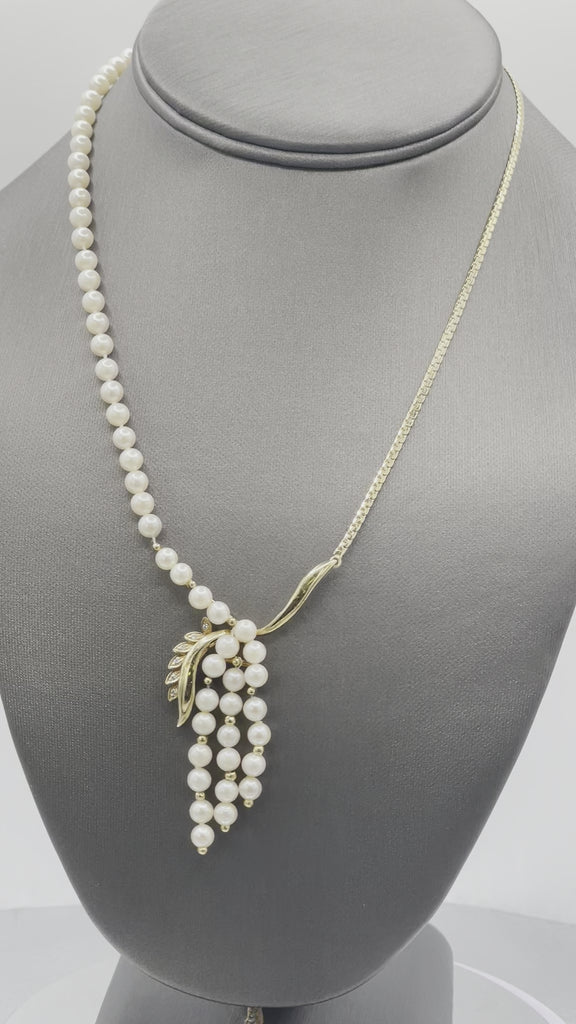 Movie of Ladies Vintage Custom 14 Karat Yellow Gold Pearl & Diamond Gold Necklace