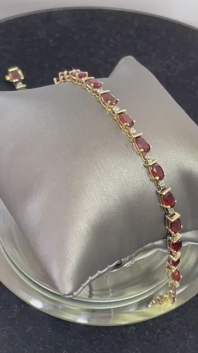 14KT Y/G Oval Garnet And Diamond Tennis Bracelet