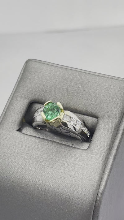 18 Karat White And Yellow Gold Round Shape Emerald & Diamond Ring