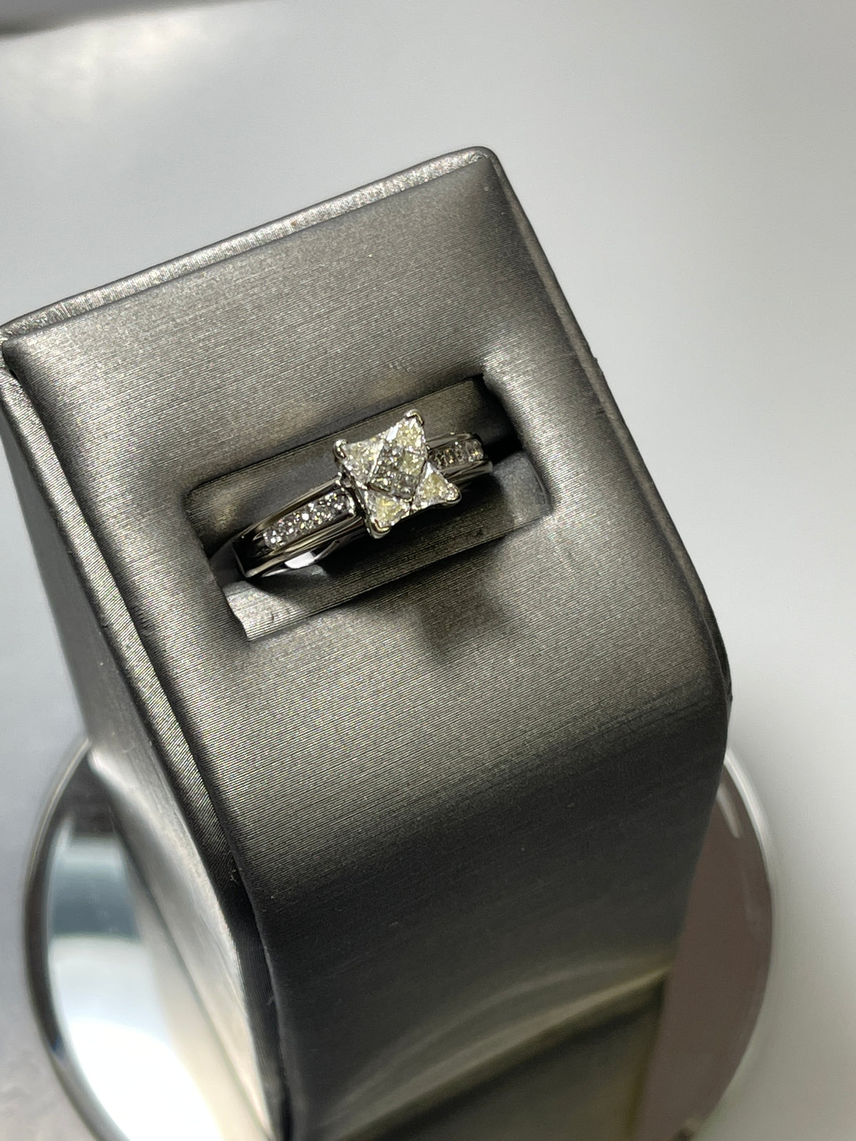 14 Karat White Gold Diamond Cluster Engagement Ring Princess And Trillion Cut Diamond Ring