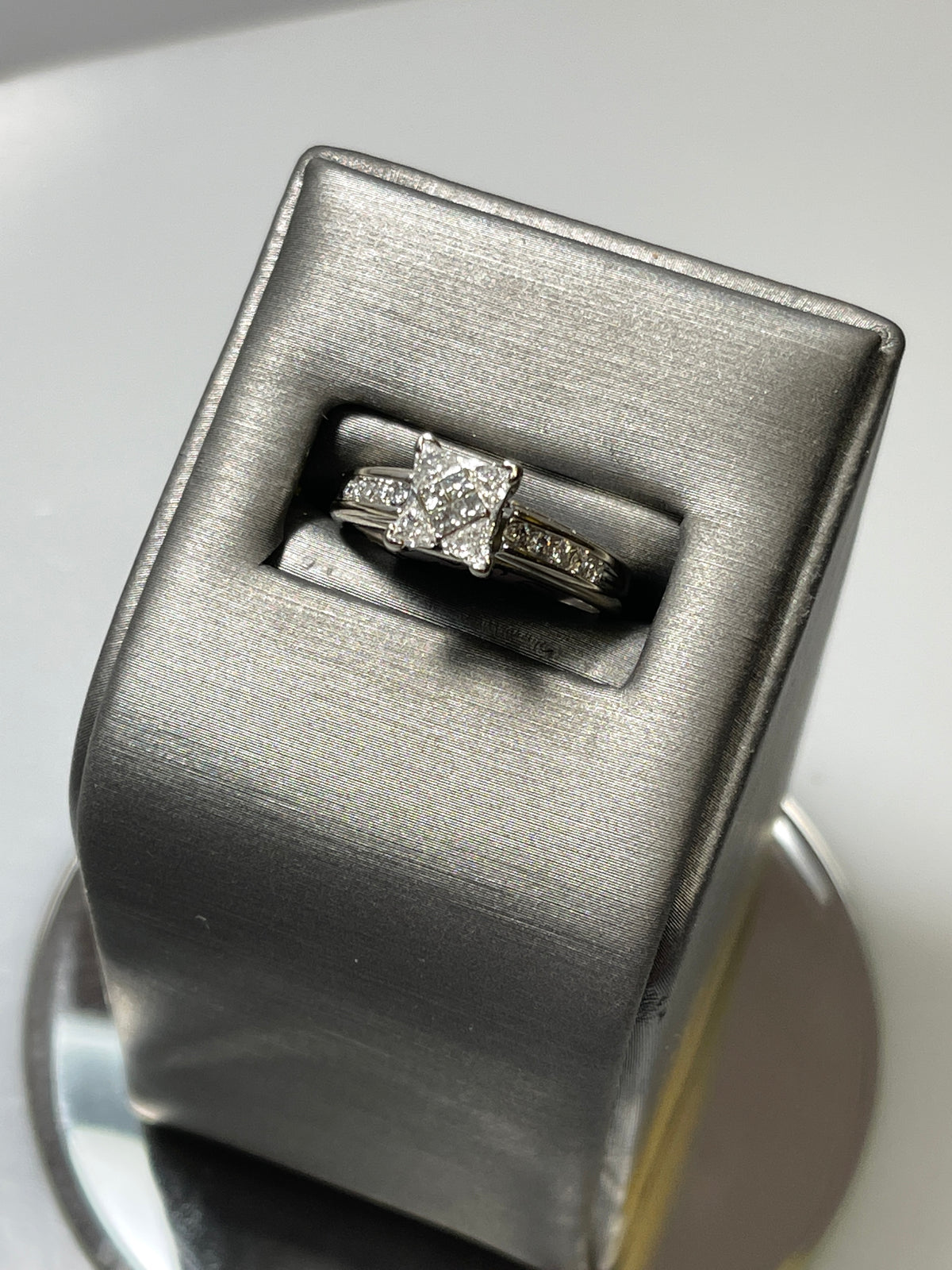 14 Karat White Gold Diamond Cluster Engagement Ring Princess And Trillion Cut Diamond Ring