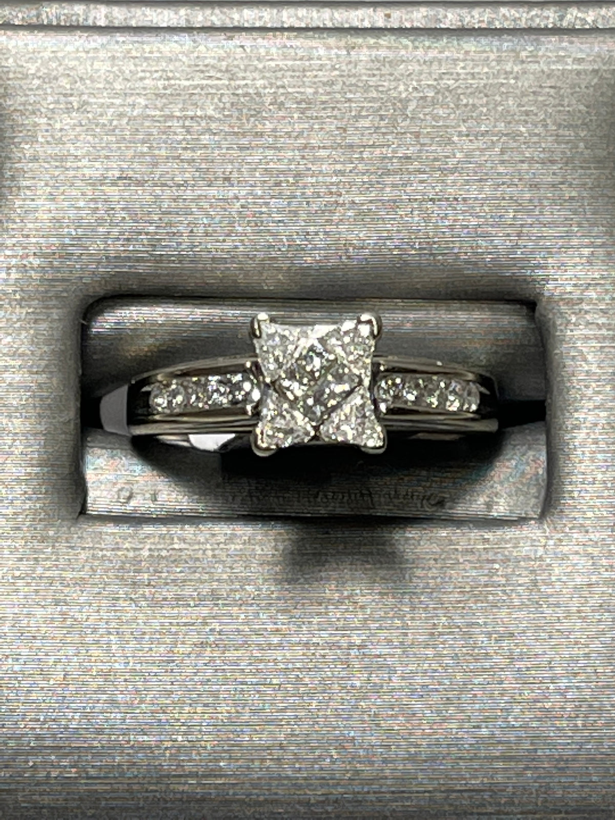 14 Karat White Gold Diamond Cluster Engagement Ring Princess And Trillion Cut Diamond Ring
