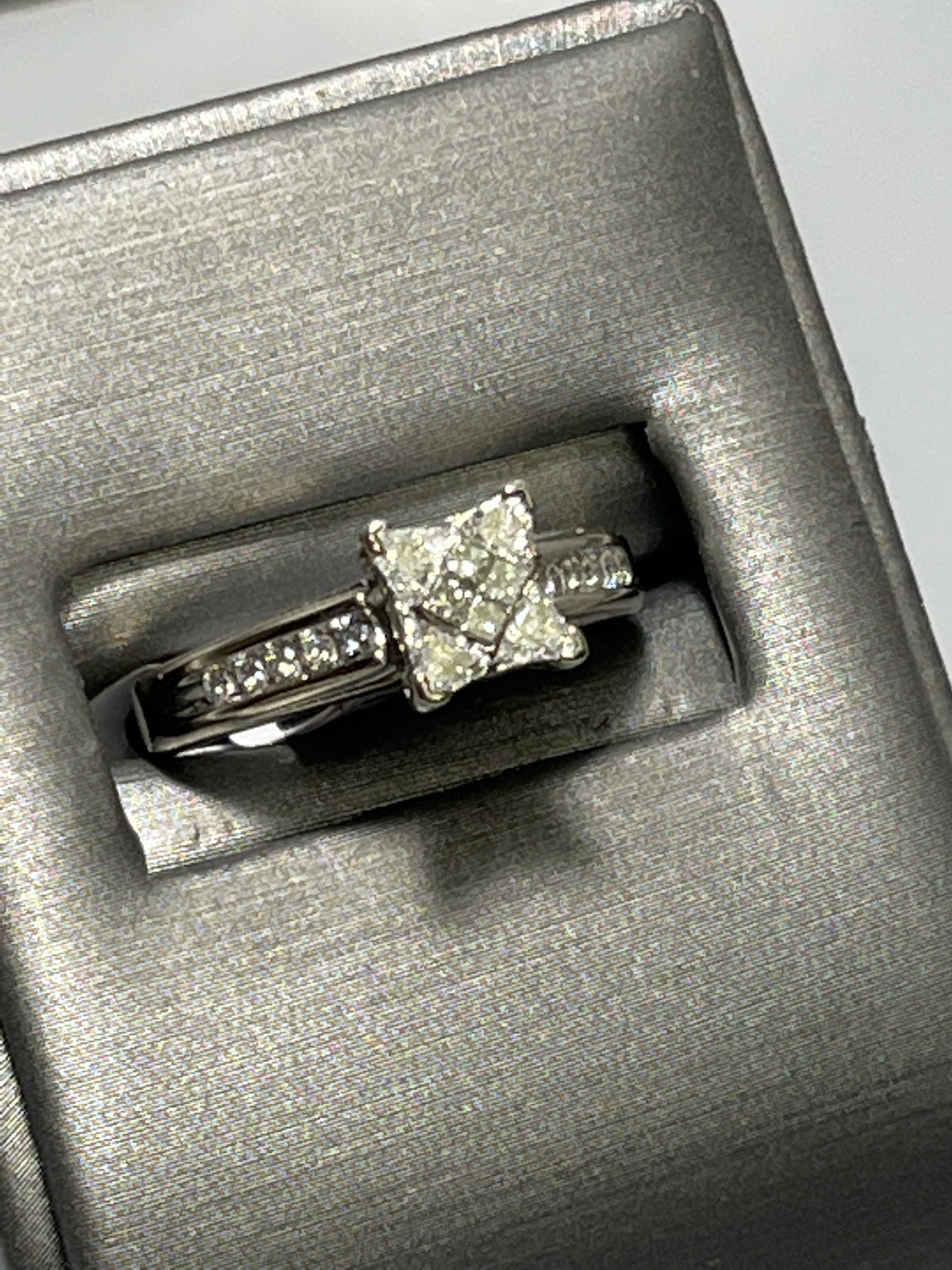 14 Karat White Gold Diamond Cluster Engagement Ring Princess And Trillion Cut Diamond Ring