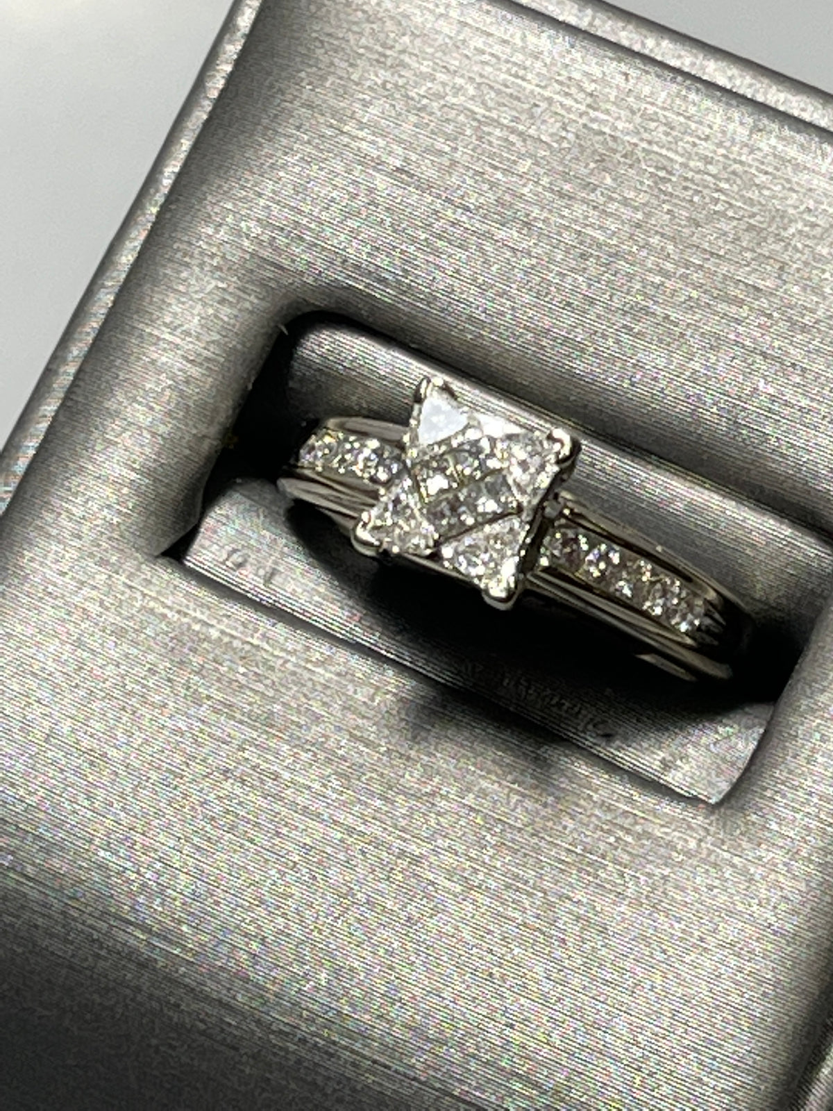 14 Karat White Gold Diamond Cluster Engagement Ring Princess And Trillion Cut Diamond Ring
