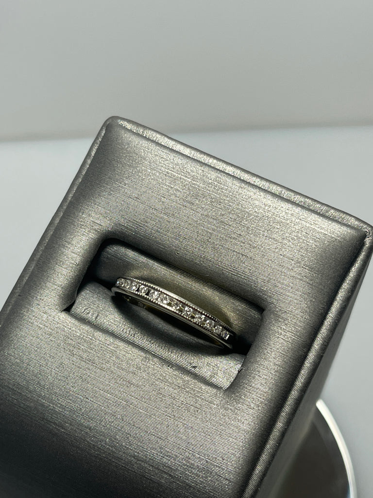 view three of 14 Karat White Gold Diamond Band With Millgrain Edging
