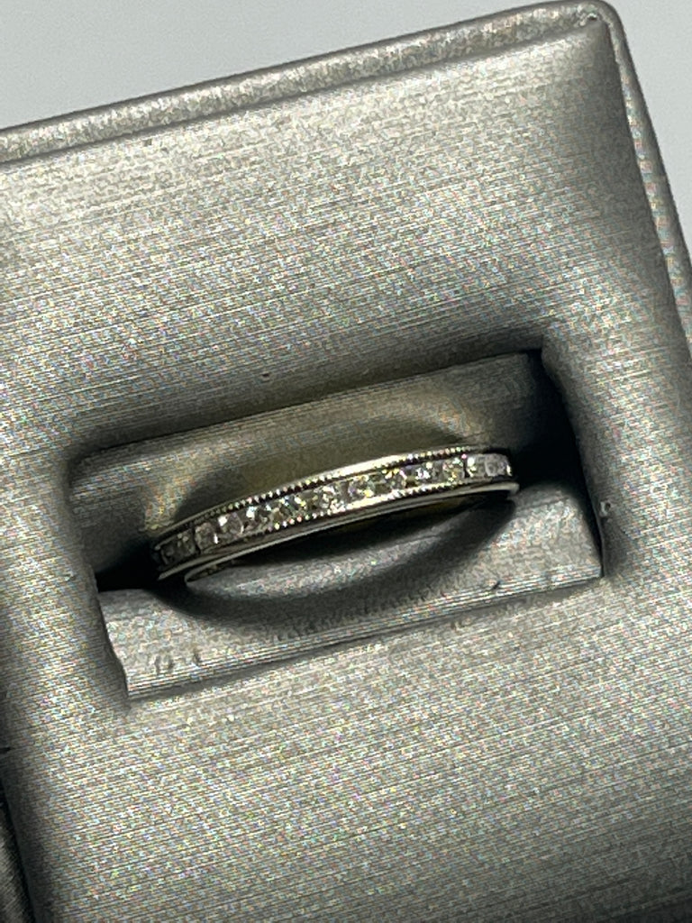 top view of 14 Karat White Gold Diamond Band With Millgrain Edging