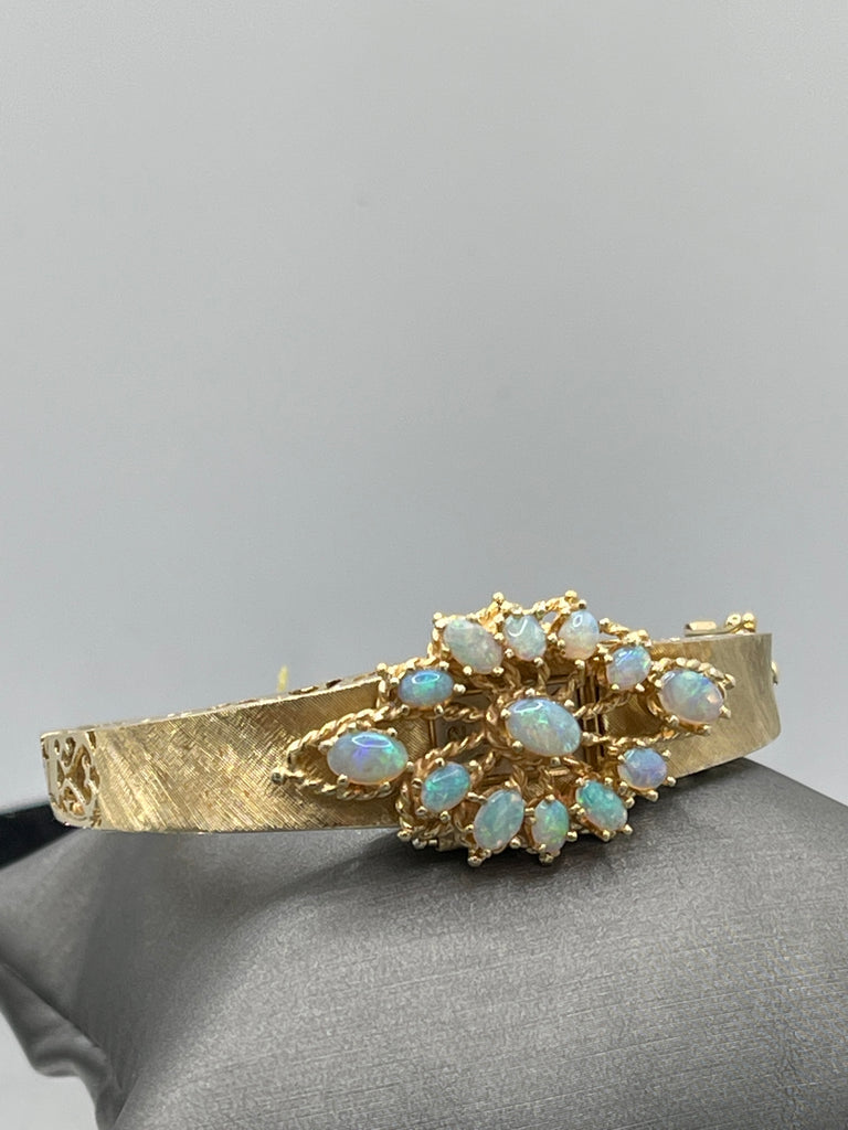 View two of 14 Karat Yellow Gold Heavy Filigree Opal Bracelet With Swiss Watch Insert