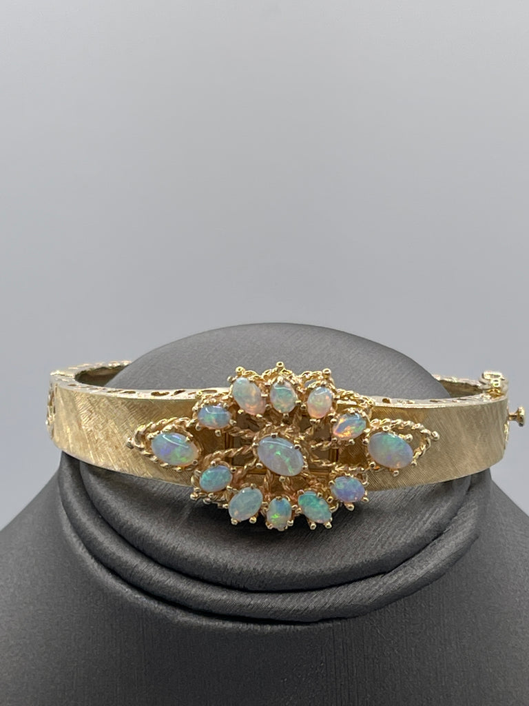 View four of 14 Karat Yellow Gold Heavy Filigree Opal Bracelet With Swiss Watch Insert