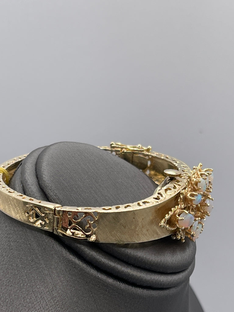 View five of 14 Karat Yellow Gold Heavy Filigree Opal Bracelet With Swiss Watch Insert