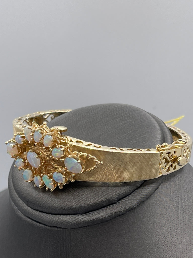 View six of 14 Karat Yellow Gold Heavy Filigree Opal Bracelet With Swiss Watch Insert