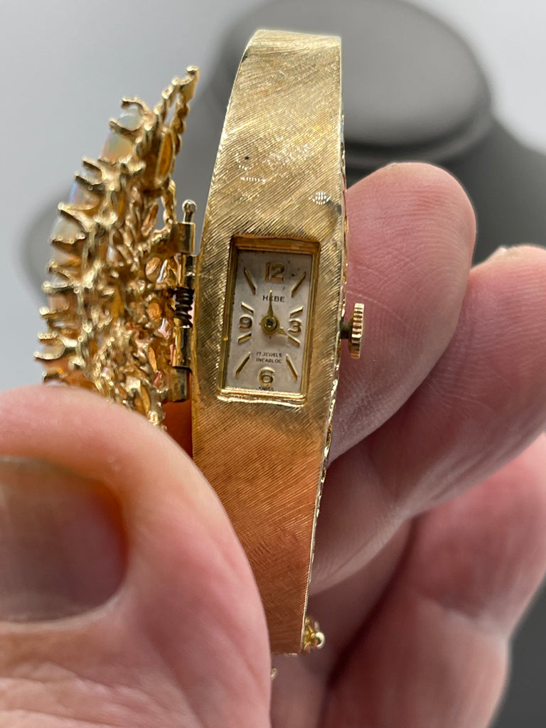 View seven of 14 Karat Yellow Gold Heavy Filigree Opal Bracelet With Swiss Watch Insert