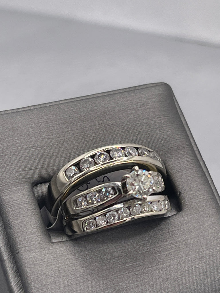 view six of 14 Karat White Gold Diamond Wedding Set Engagement Ring Matching Diamond Bands