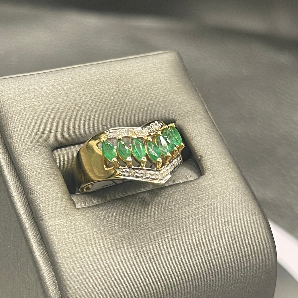 14 Karat Yellow Gold Marquise Shaped Emeralds And Pave Diamond Ring