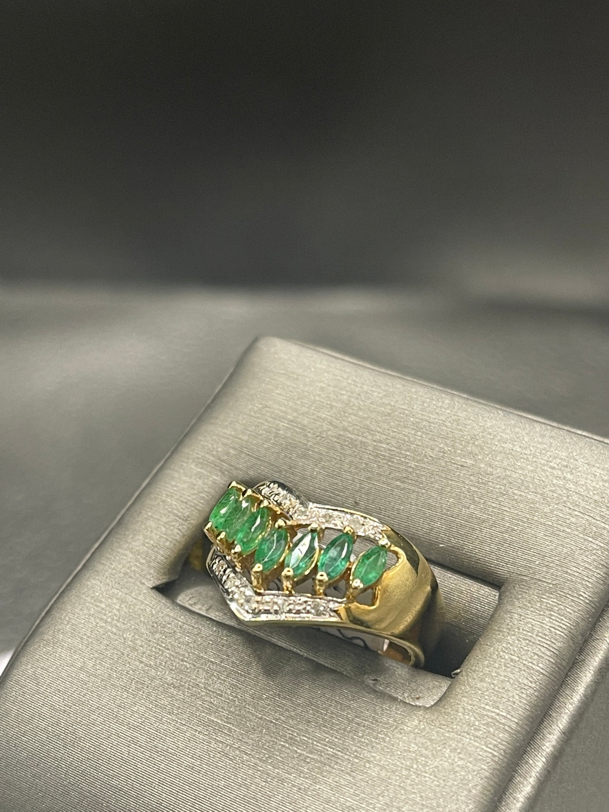 14 Karat Yellow Gold Marquise Shaped Emeralds And Pave Diamond Ring