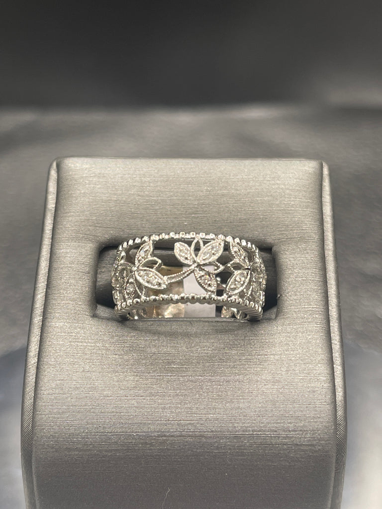 view one of 14 Karat White Gold Diamond Band Beautiful Floral Leaf Design Through Ring