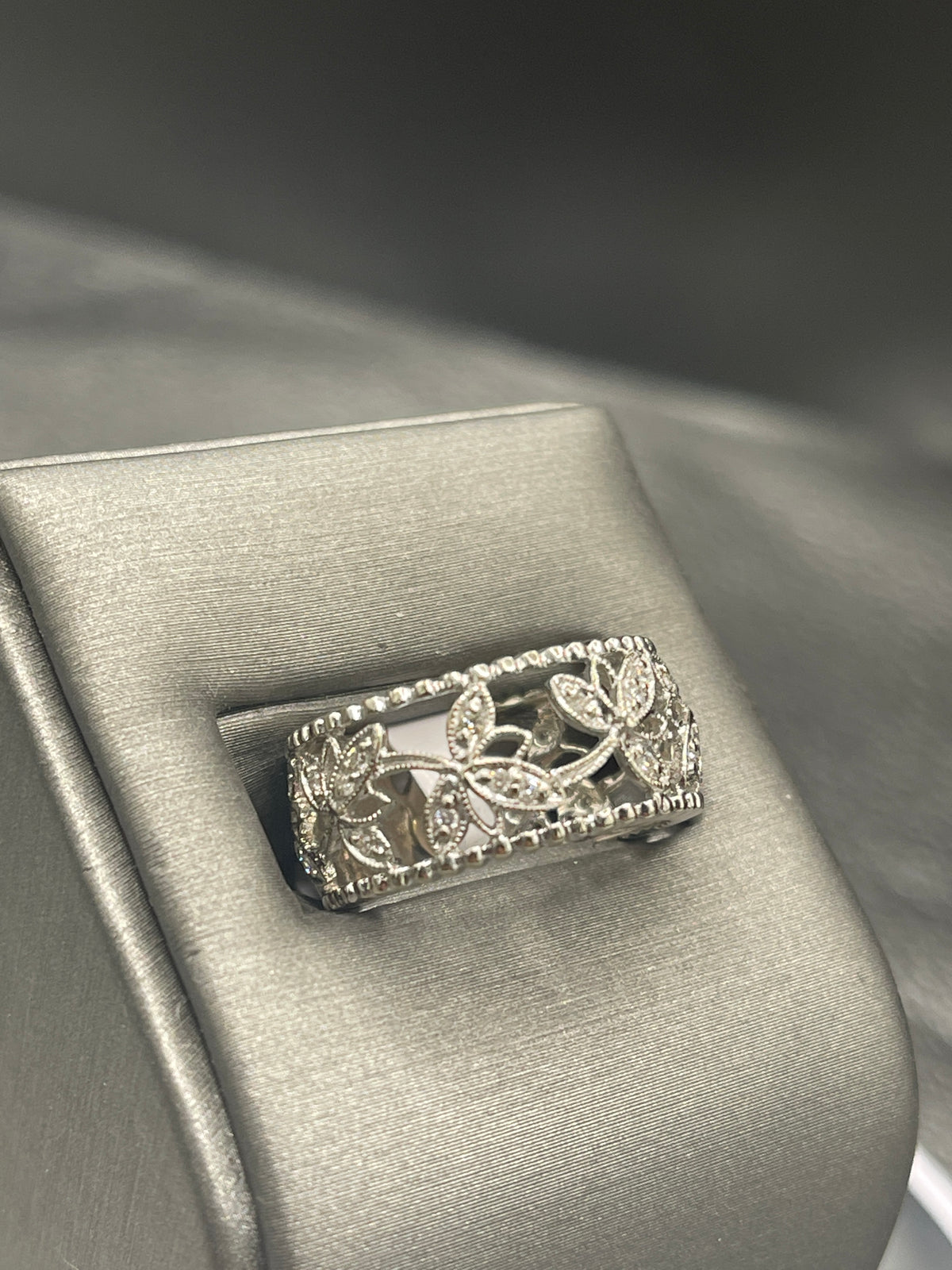 view two of 14 Karat White Gold Diamond Band Beautiful Floral Leaf Design Through Ring