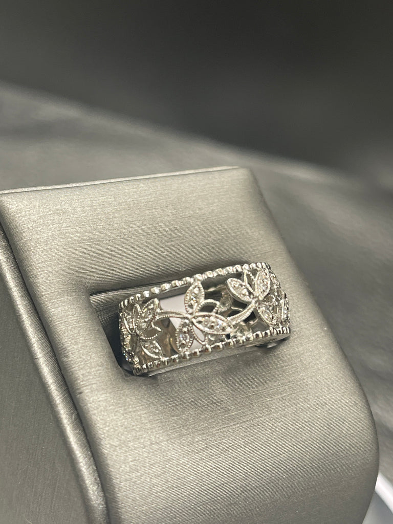 view two of 14 Karat White Gold Diamond Band Beautiful Floral Leaf Design Through Ring