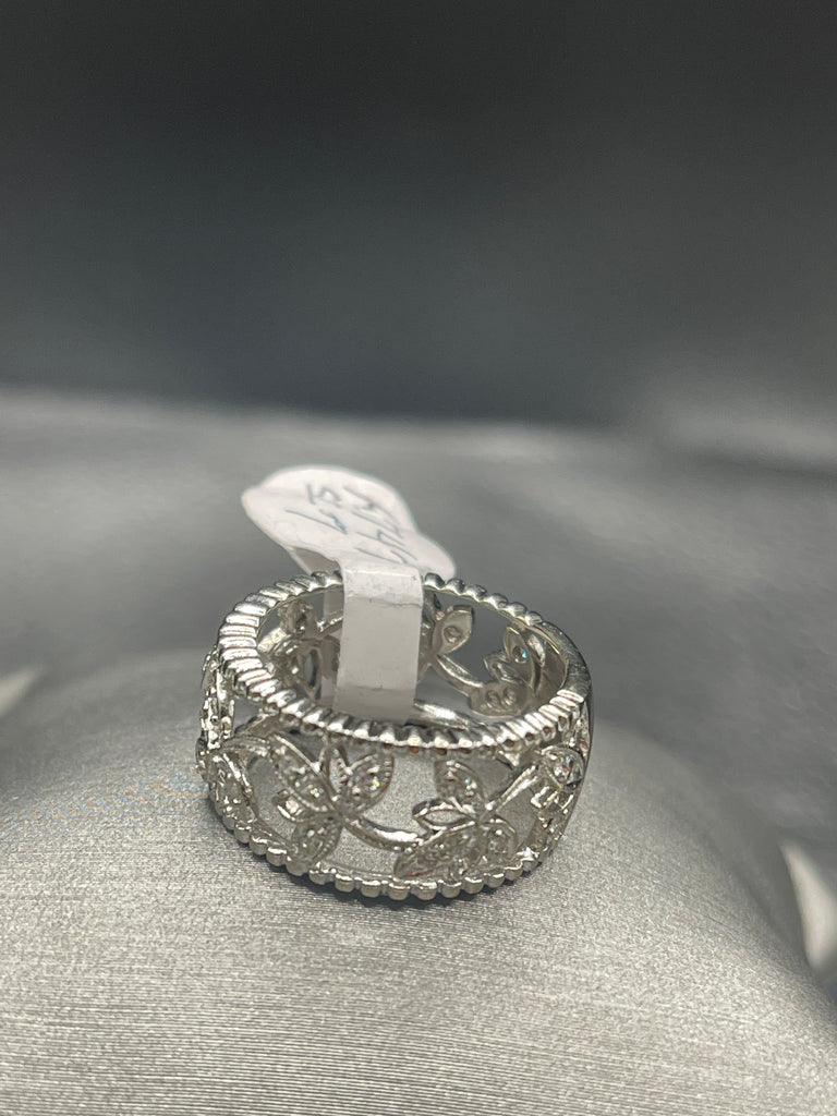 view six of 14 Karat White Gold Diamond Band Beautiful Floral Leaf Design Through Ring