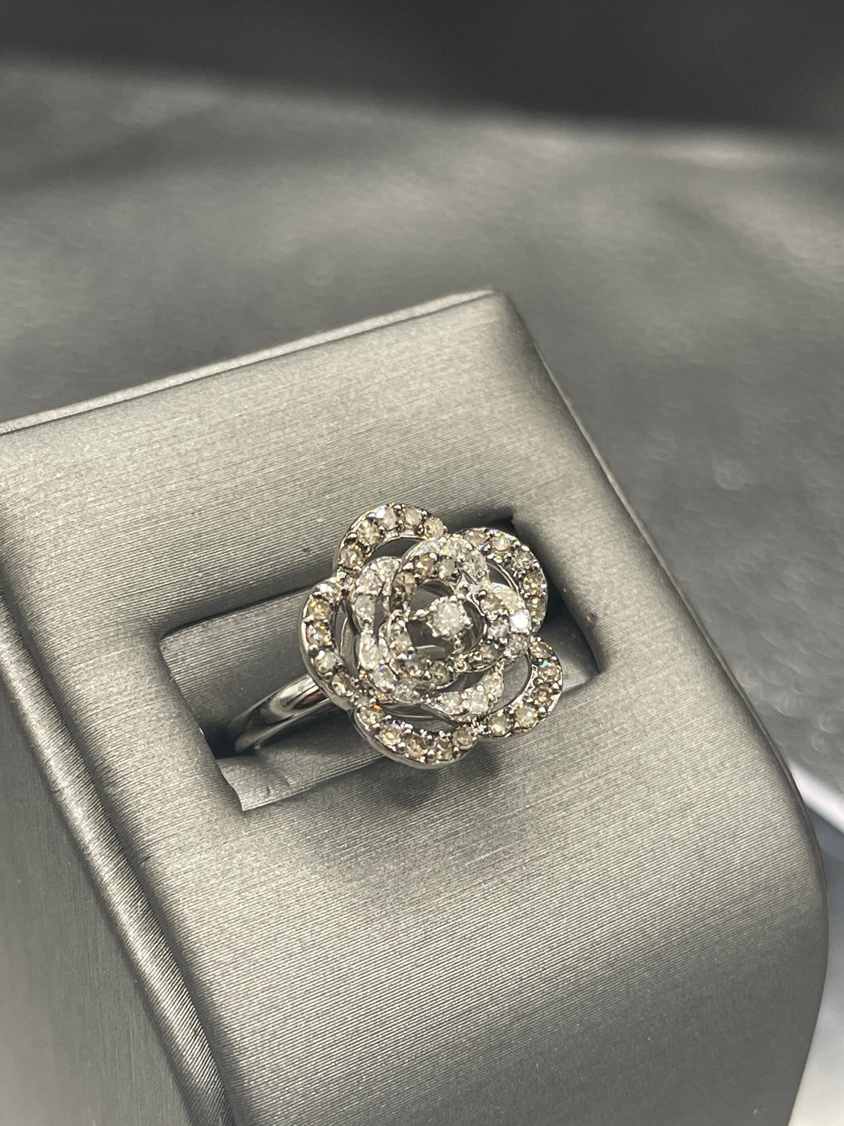 View two of Vintage 14 Karat White Gold Diamond Floral Bouquet Ring Flower Over 1 Carat Diamond Ring