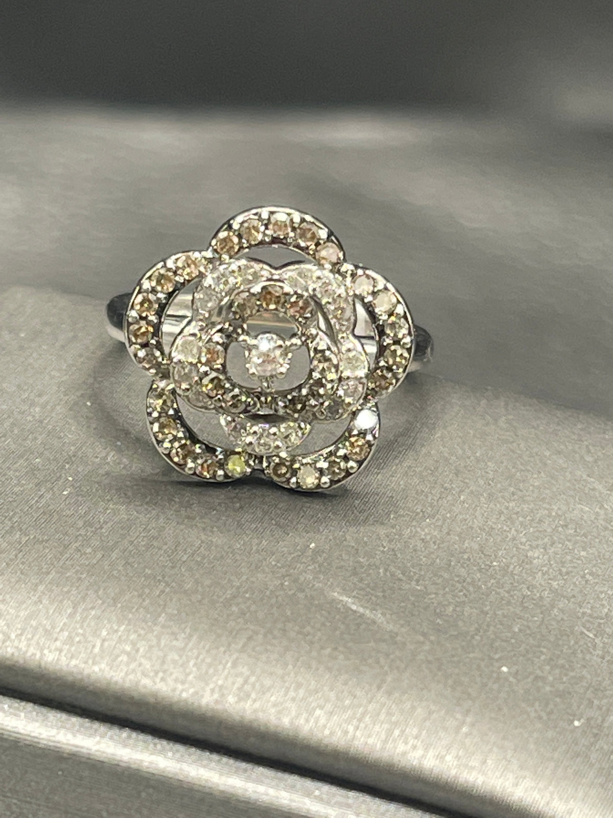 View four of Vintage 14 Karat White Gold Diamond Floral Bouquet Ring Flower Over 1 Carat Diamond Ring