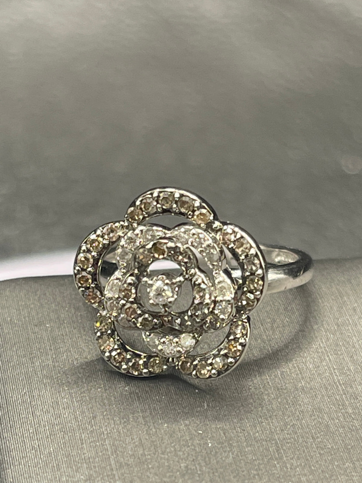 View six of Vintage 14 Karat White Gold Diamond Floral Bouquet Ring Flower Over 1 Carat Diamond Ring
