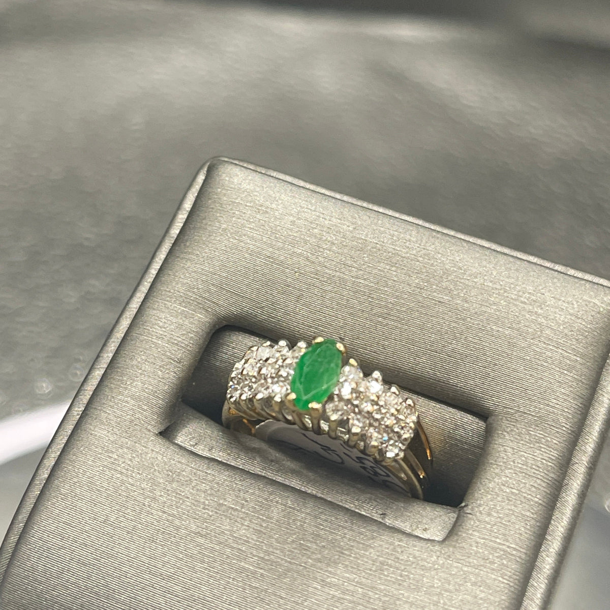 14K Yellow Gold Marquise Cut Emerald And Diamond Ring Pyramid Style Ring Green & White