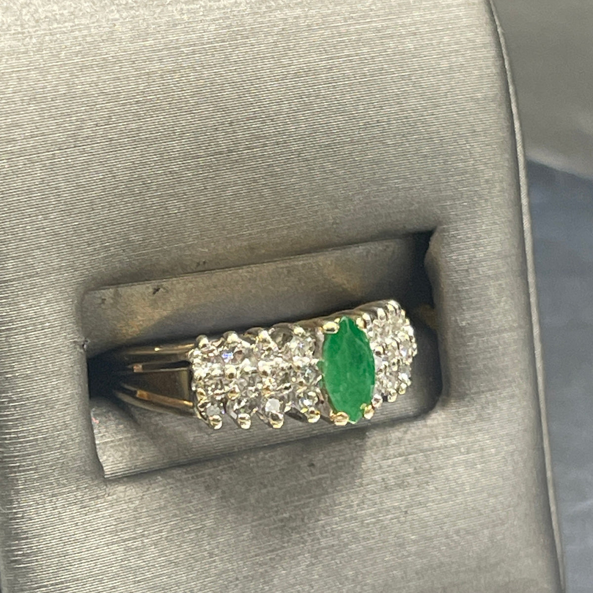 14K Yellow Gold Marquise Cut Emerald And Diamond Ring Pyramid Style Ring Green & White