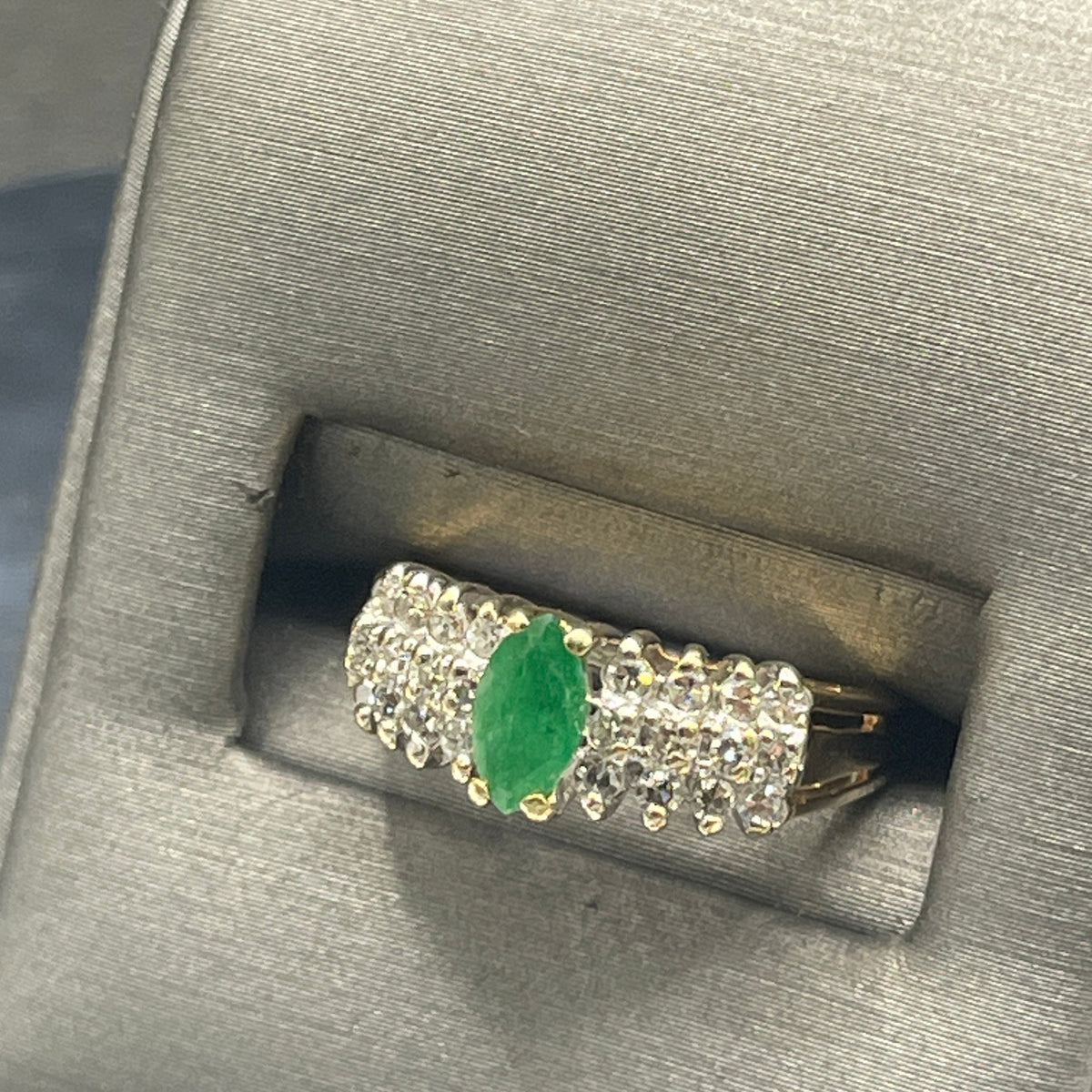 14K Yellow Gold Marquise Cut Emerald And Diamond Ring Pyramid Style Ring Green & White