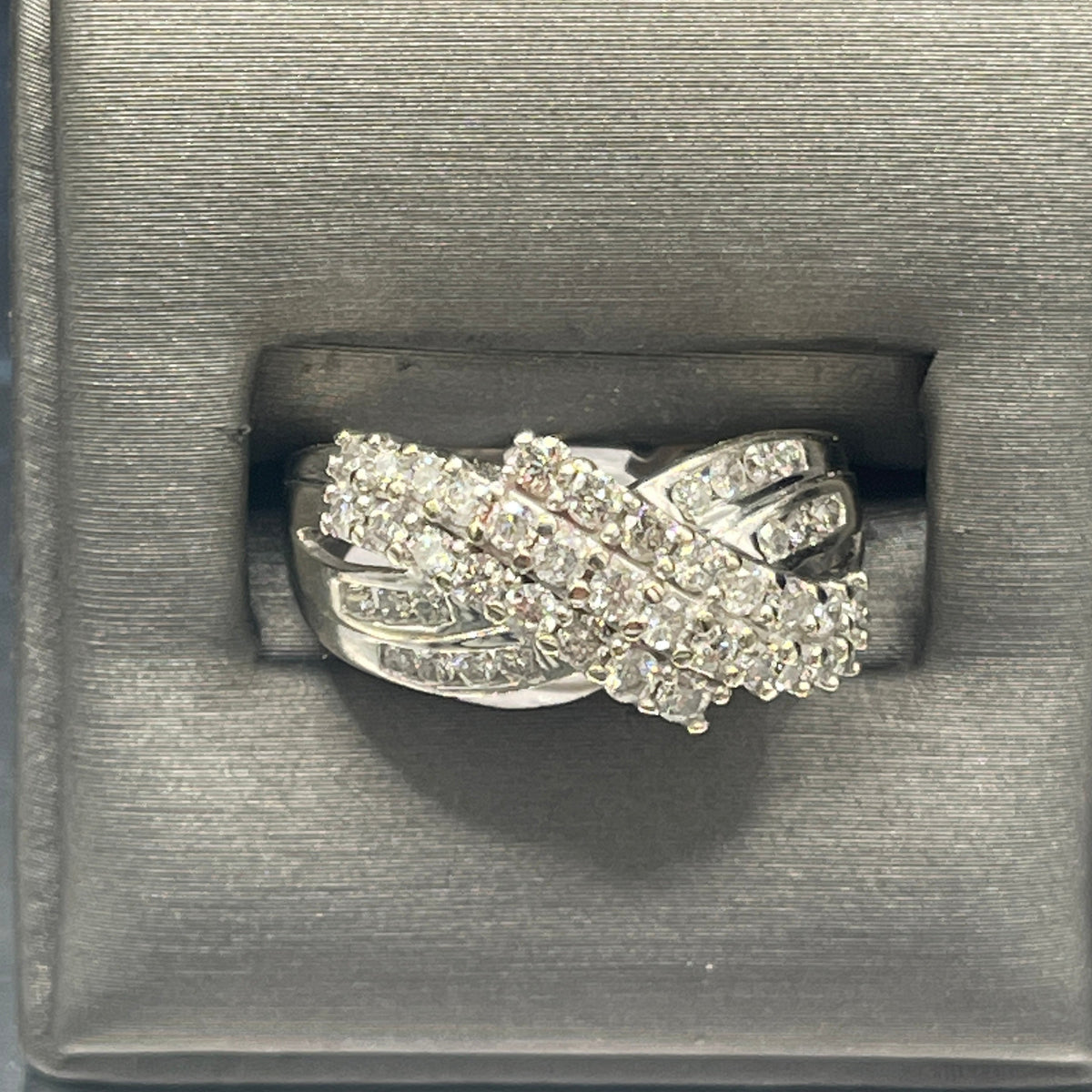 view three of 10 Karat White Gold Channel Set Criss Cross Design Diamond Ring