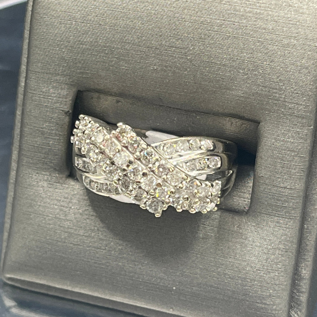 view five of 10 Karat White Gold Channel Set Criss Cross Design Diamond Ring