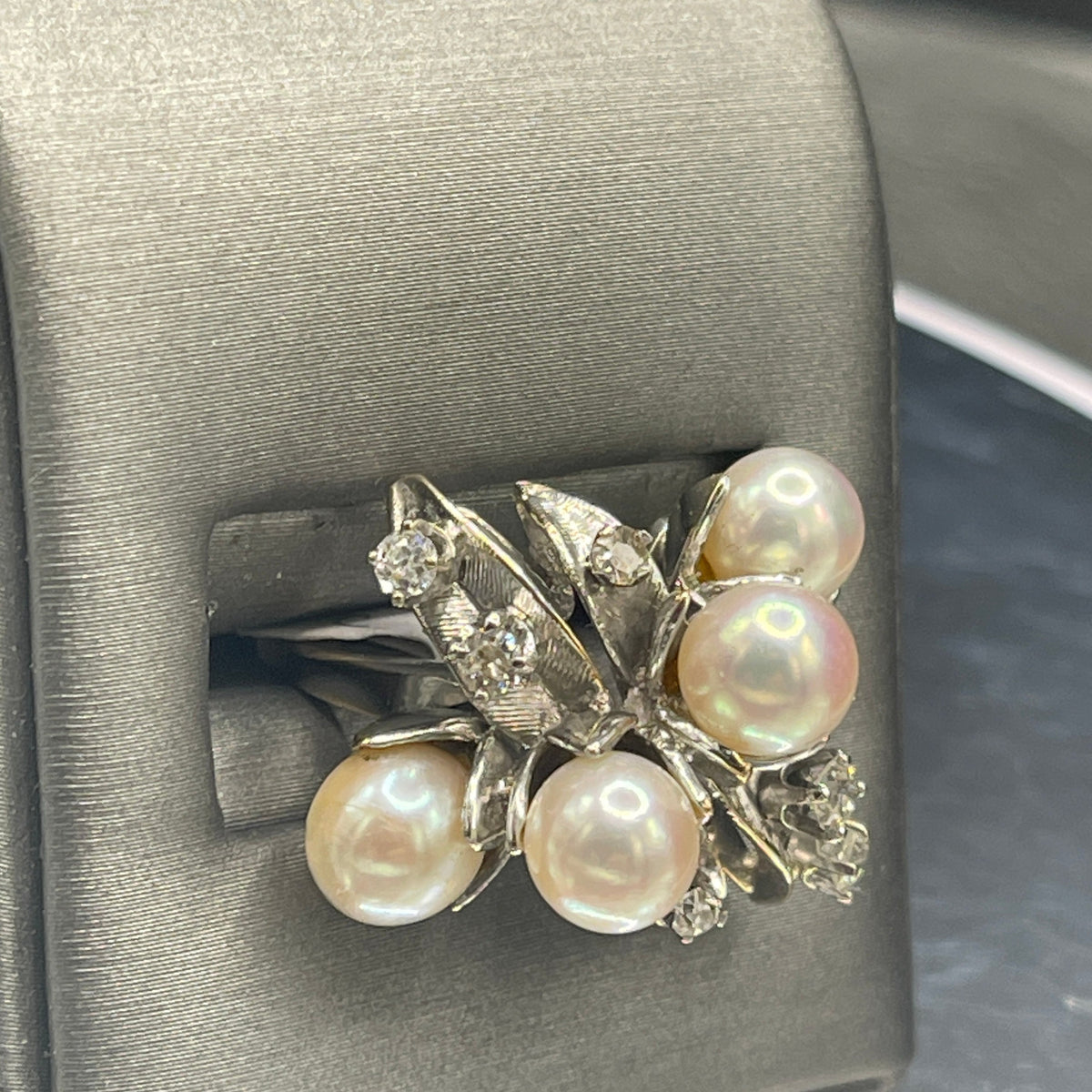 View five of 14 Karat White Gold Pearl And Diamond Cocktail Ring