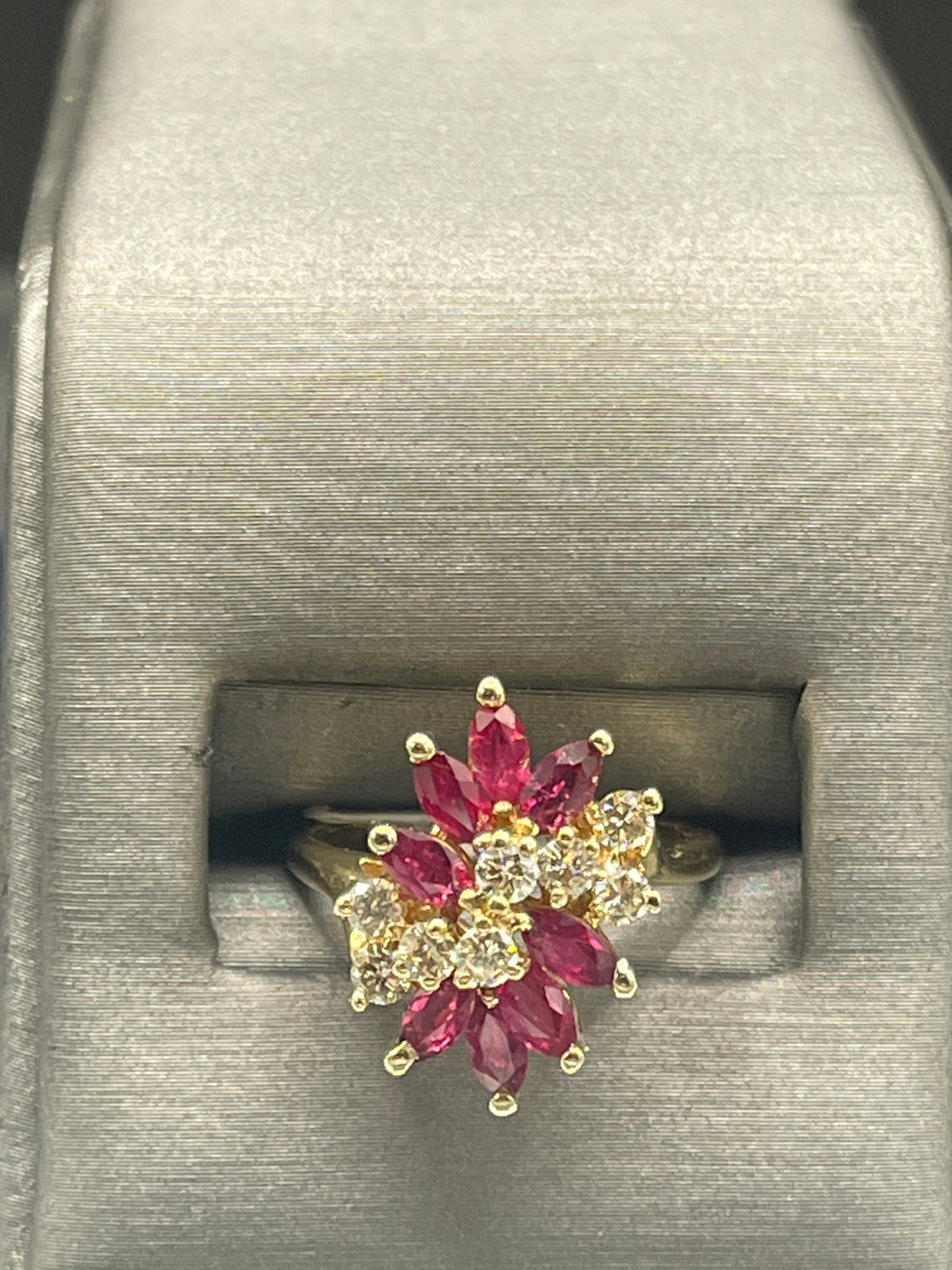 View four of 14 Karat Yellow Gold Marquise Ruby And Round Diamond Cluster Statement Ring