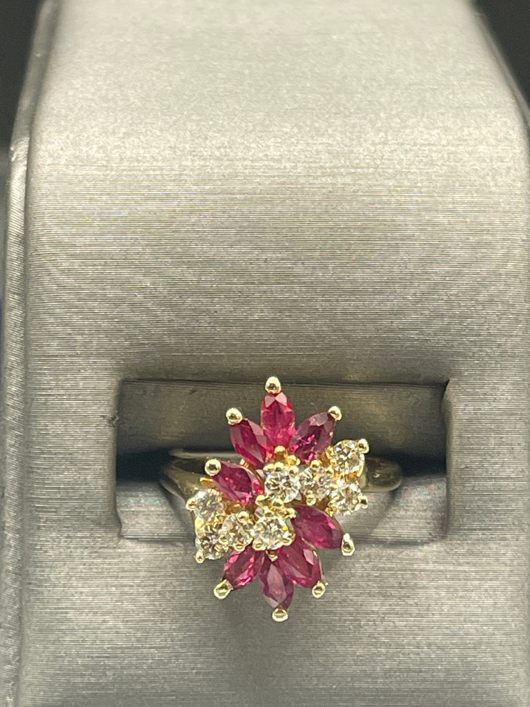 View four of 14 Karat Yellow Gold Marquise Ruby And Round Diamond Cluster Statement Ring
