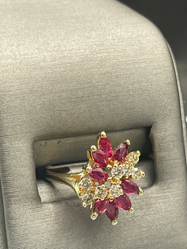 View five of 14 Karat Yellow Gold Marquise Ruby And Round Diamond Cluster Statement Ring