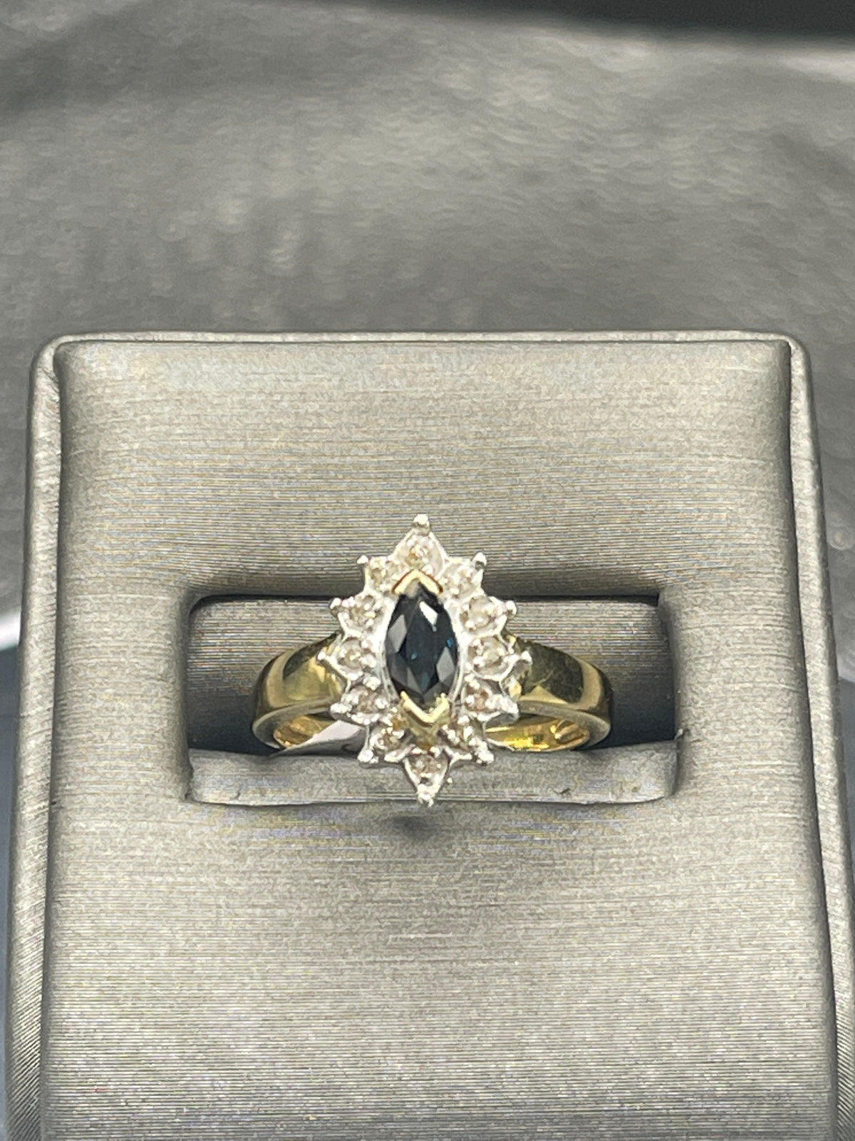 14K Yellow Gold Marquise Shaped Sapphire & Diamond Halo Ring