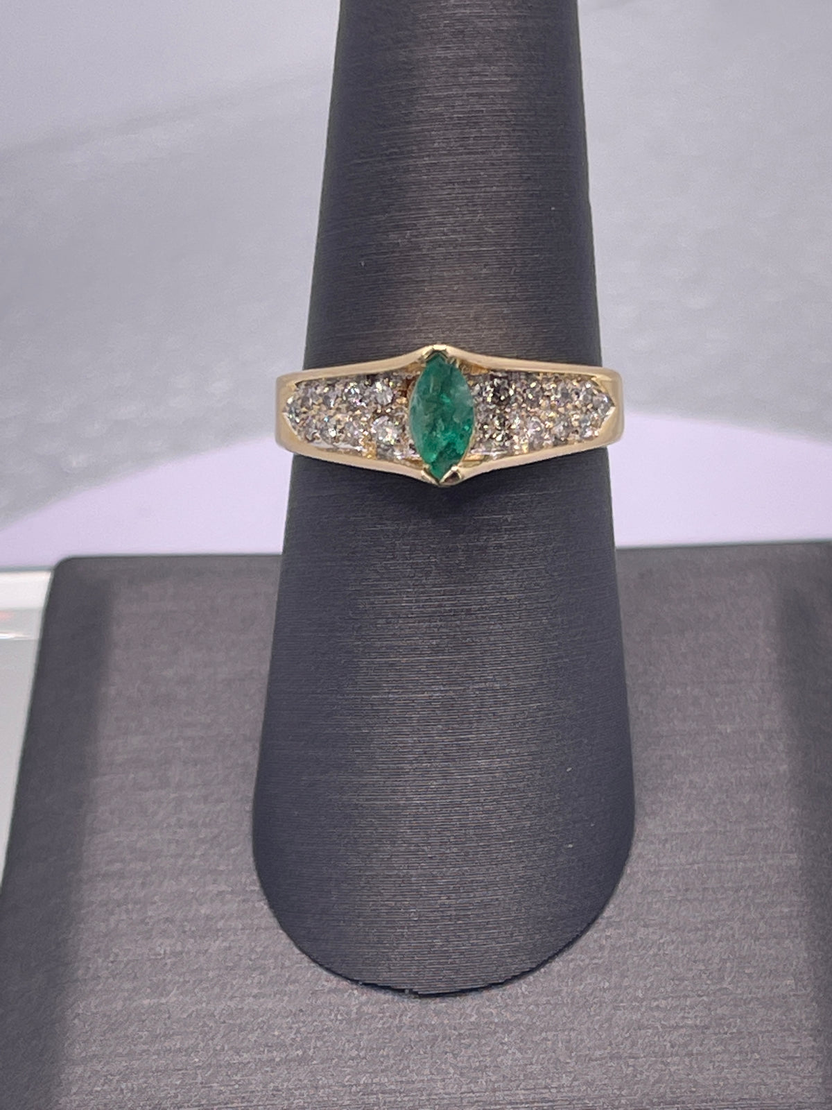 Ladies 14 Karat Yellow Gold Marquise Emerald & Diamond Ring