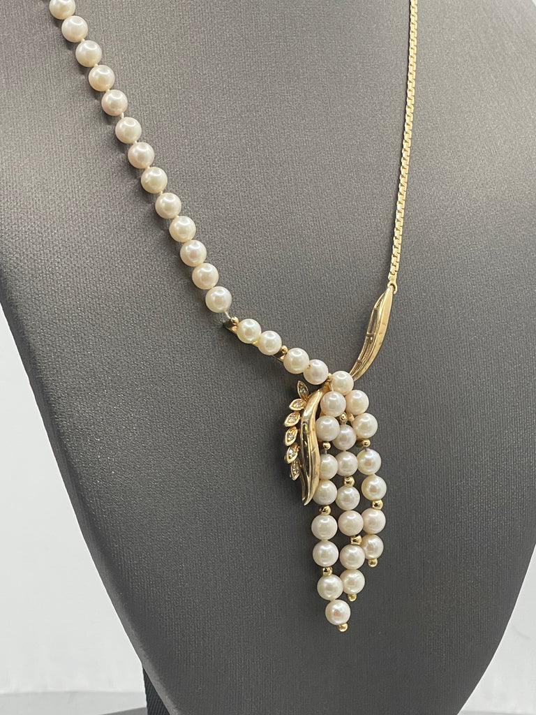 View two of Ladies Vintage Custom 14 Karat Yellow Gold Pearl & Diamond Gold Necklace