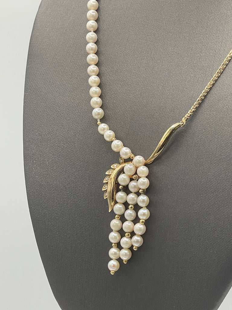 View one of Ladies Vintage Custom 14 Karat Yellow Gold Pearl & Diamond Gold Necklace