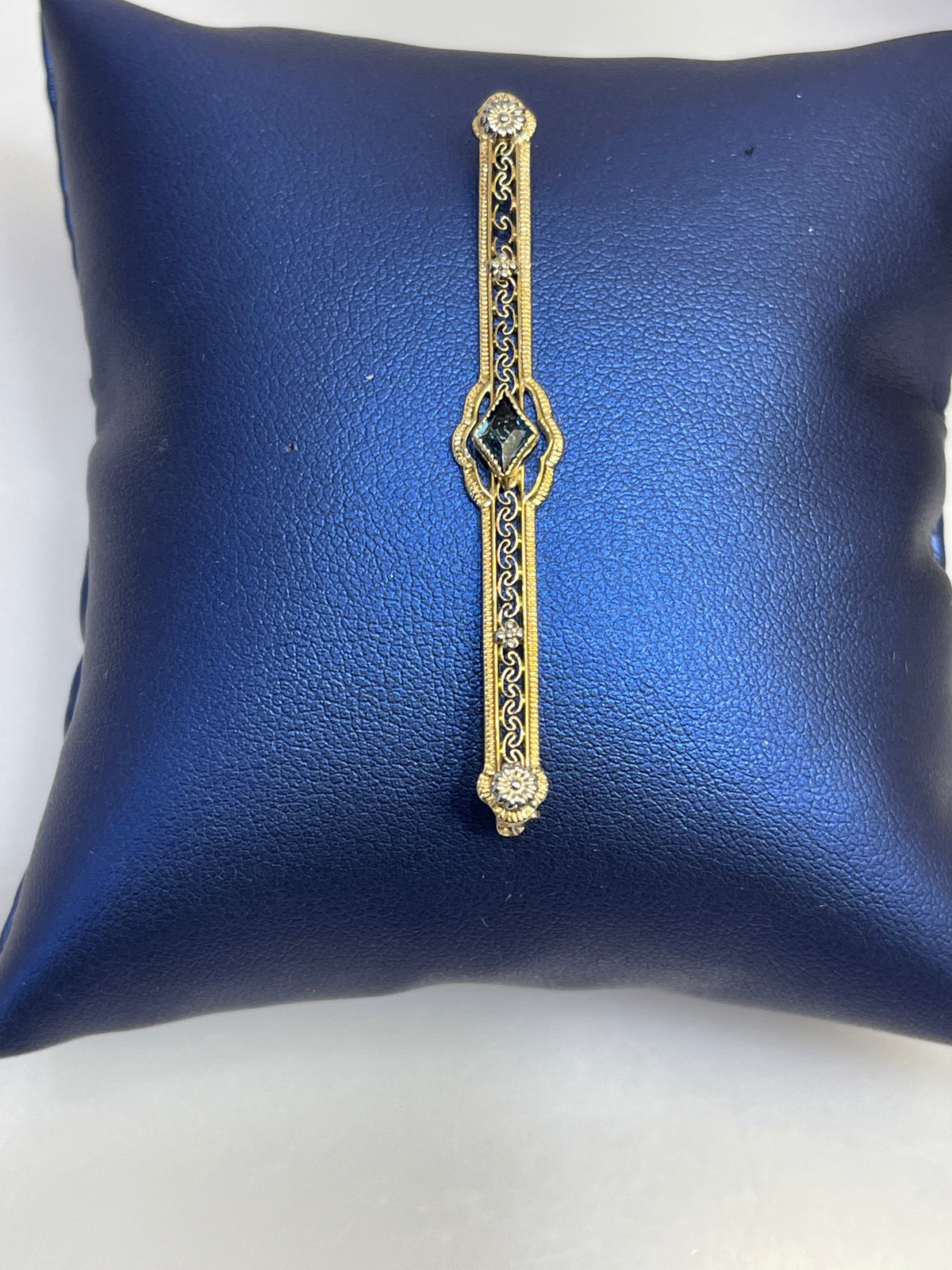 View two of 14 KARAT YELLOW GOLD, SAPPHIRE AND DIAMOND PIN