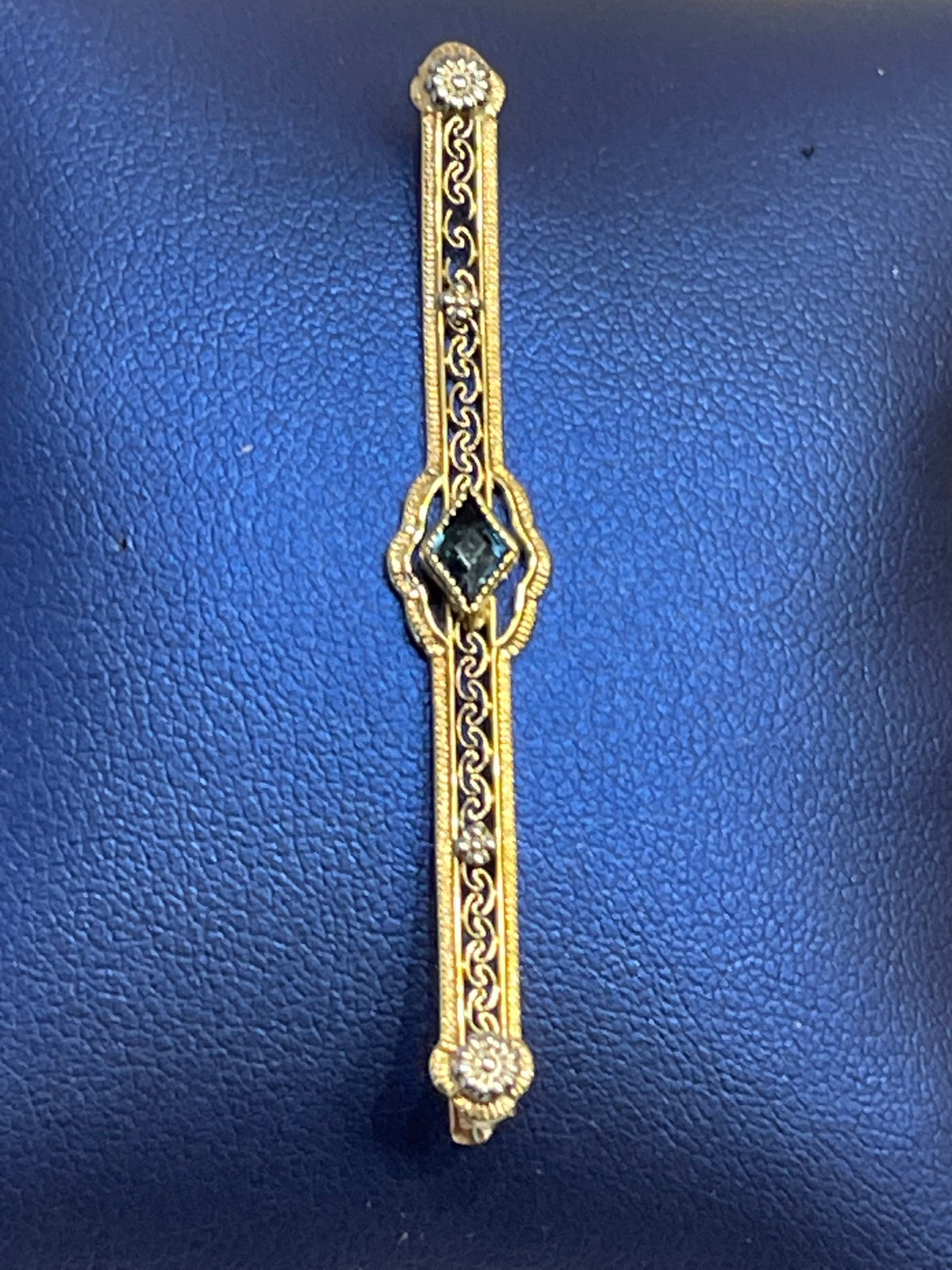View three of 14 KARAT YELLOW GOLD, SAPPHIRE AND DIAMOND PIN