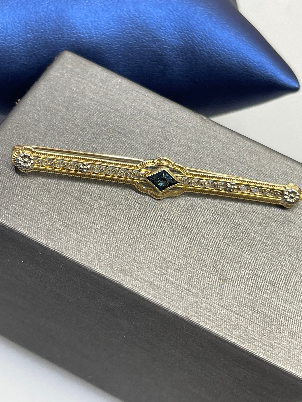 View four of 14 KARAT YELLOW GOLD, SAPPHIRE AND DIAMOND PIN