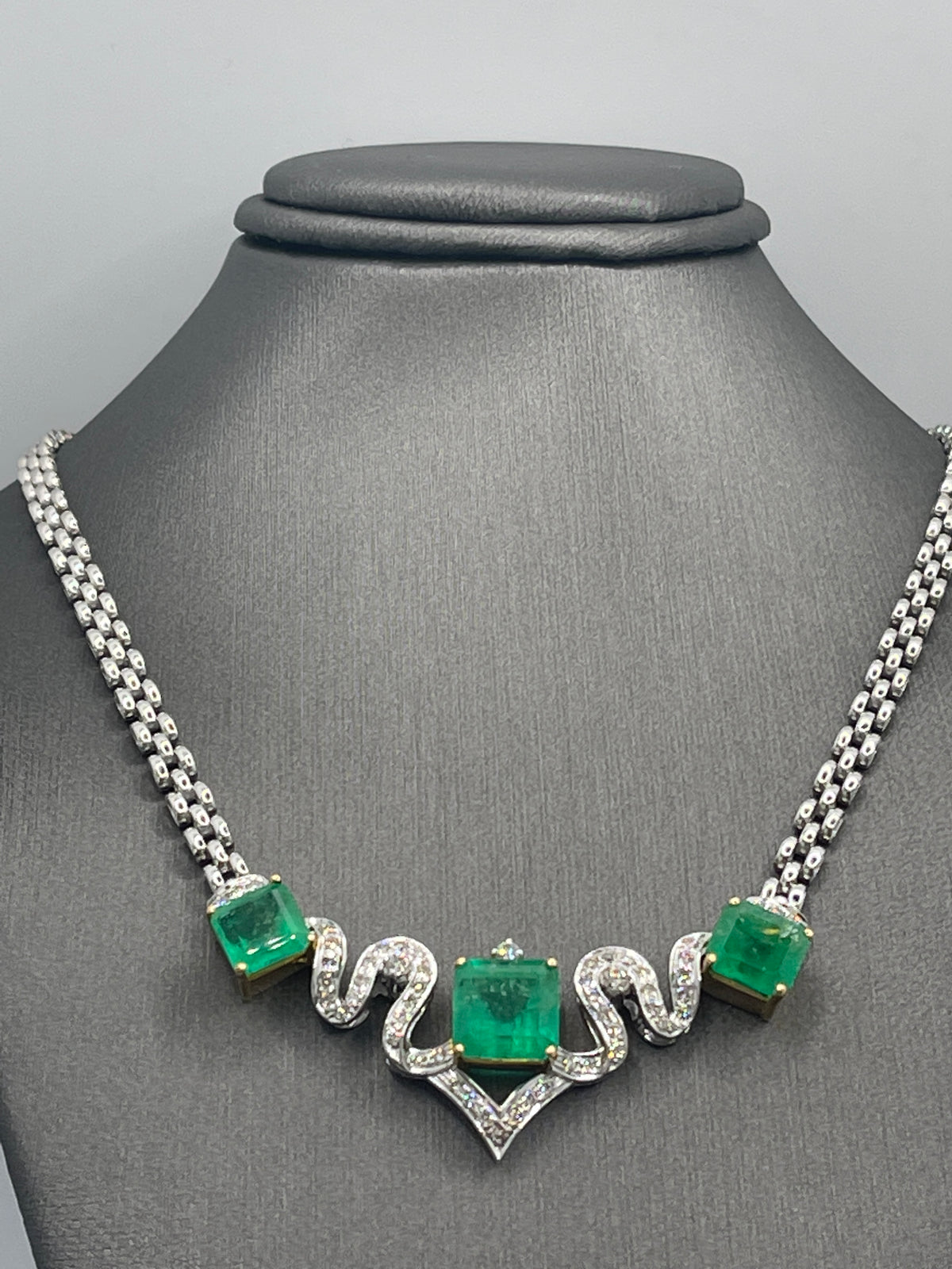 View one of Ladies 18 Karat White Gold, Emerald & Diamond Necklace Amazing 8 Carat