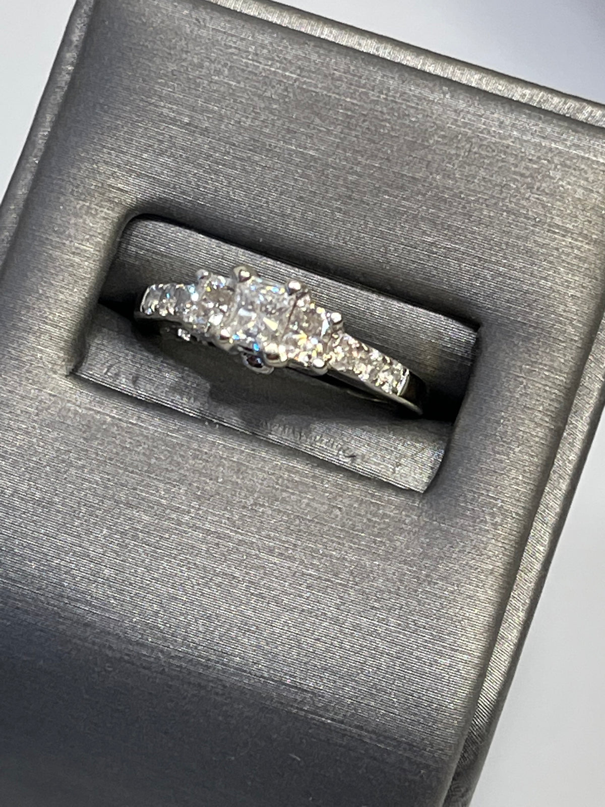 14 Karat White Gold Radiant Cut Diamond Engagement Ring 3 Beautiful Radiant Diamonds W Round Accents