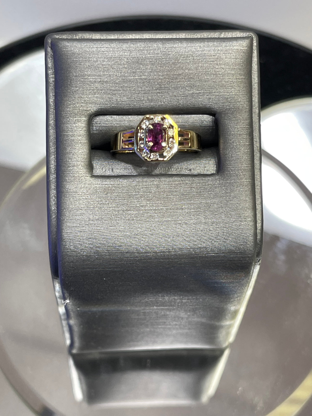14KT Y/G Ruby & Diamond Ring Ruby With Halo Surround Ring