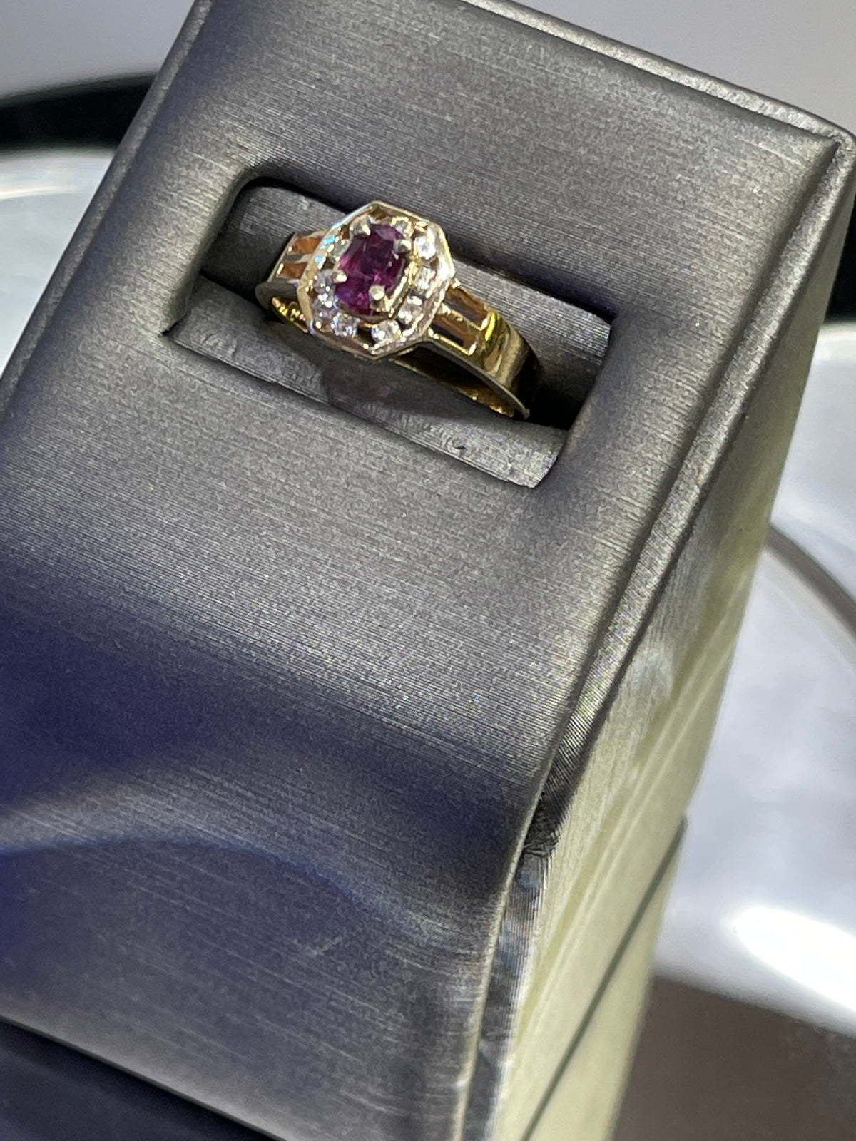 14KT Y/G Ruby & Diamond Ring Ruby With Halo Surround Ring