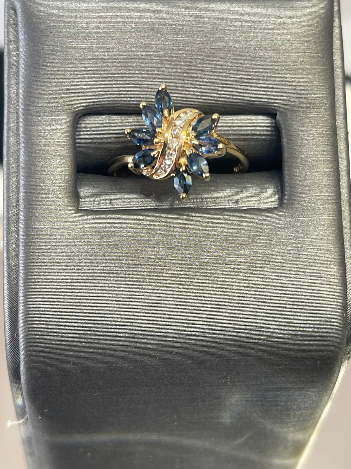 14 karat Yellow Gold Floral Butterfly Style Marquee Sapphire & Round Diamond Ring
