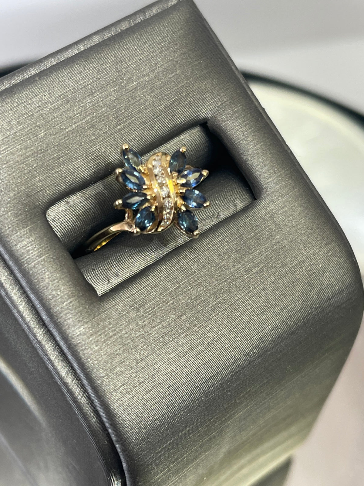 14 karat Yellow Gold Floral Butterfly Style Marquee Sapphire & Round Diamond Ring